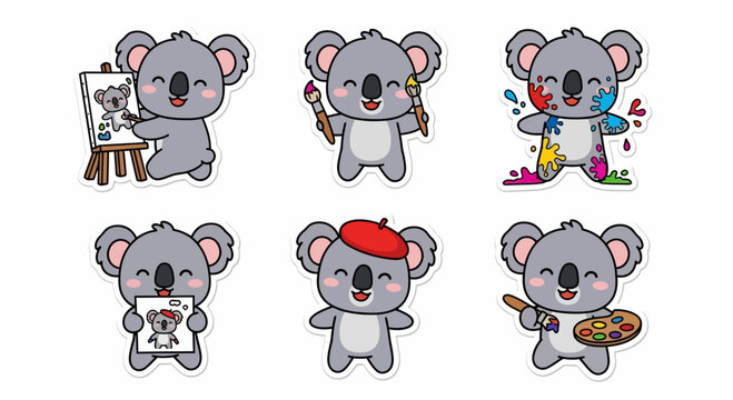 Cute Kawaii koala artist sticker sheet collection showcasing adorable marsupials enjoying various creative painting and drawing activities for playful designs