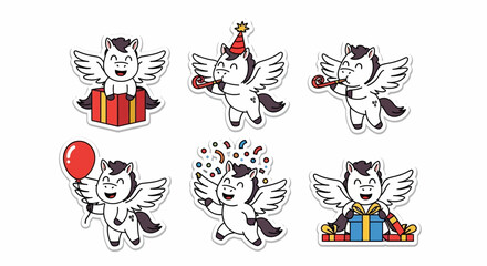 Fototapeta premium Delightful Kawaii pegasus character sticker sheet, featuring winged ponies celebrating with gifts, balloons, and party accessories, perfect for joyous festive designs