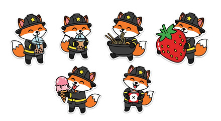 Fototapeta premium Kawaii Firefighter Fox Sticker Sheet Set Adorable Cartoon Animals Enjoying Snacks, Drinks, and Everyday Activities in a Cute, Playful Style
