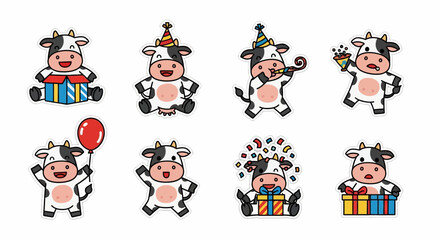Fototapeta premium Adorable Kawaii farm animal birthday celebration vector illustration sticker sheet, featuring cute cows with party hats, gifts, balloons, and confetti for joyful festivities