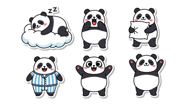 Adorable Kawaii panda sticker sheet collection featuring cute bears in playful poses like sleeping, excited, and holding a pillow, perfect for charming designs