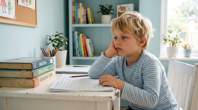 Bored young boy struggling with homework at a desk with books and papers
