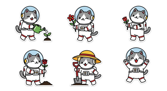 Adorable Kawaii astronaut cat sticker sheet featuring cute felines nurturing plants in zero gravity, perfect for space gardening themes and cosmic adventure designs