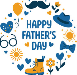Professional Happy Father's Day concept with decorative wreath of blue and yellow accessories including hat mustache glasses and boots vector © Sanjina