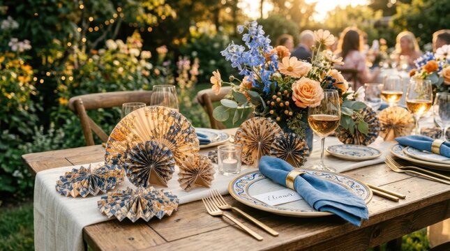Elegant outdoor garden party table setting with floral arrangements and golden hour lighting