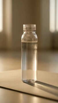 Clear bottle containing protein infused water resting on a mat. Highlighting wellness and active lifestyle hydration.