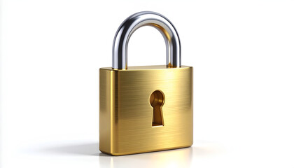Naklejka premium A gleaming gold padlock rests on a pristine white surface, symbolizing security and protection with its polished metallic sheen.