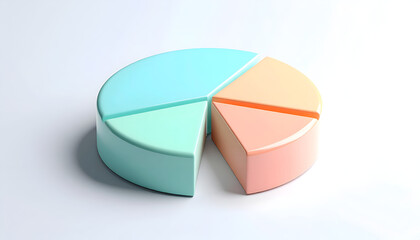 Obraz premium A three-dimensional pie chart with five segments in varying pastel colors sits on a clean white surface, representing data visualization and statistical analysis.