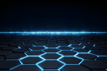 Naklejka premium Cyan neon light grid on black hexagon tiles stretching towards bright horizon line representing global data transmission and high speed fiber optic connectivity for modern telecommunications.