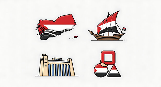 Pixel art collection representing Yemen, including a dhow ship, a map of the country with its flag, a historical building, and a modern emblem with flags