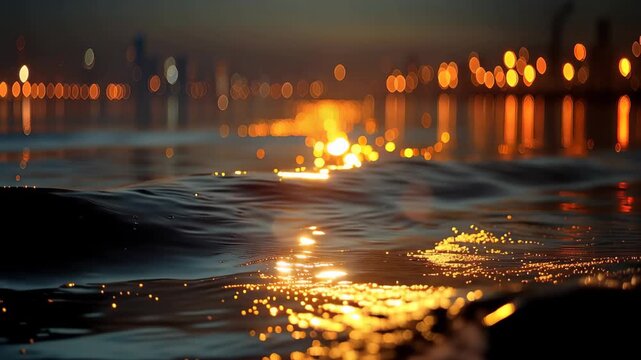 Bokeh lights and water reflections create a vibrant scene at night