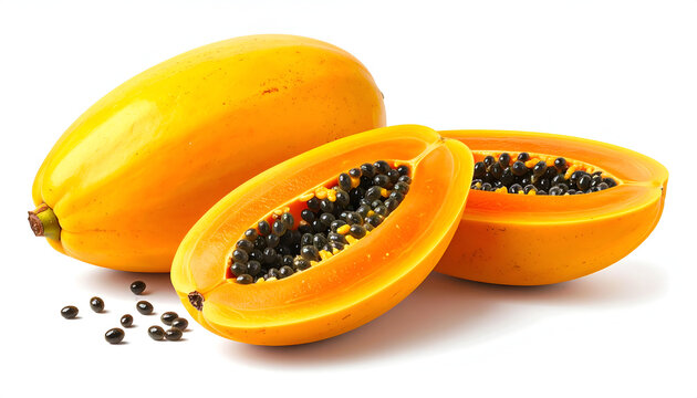 A vibrant still life showcases a whole and two sliced papayas, revealing their black seeds.