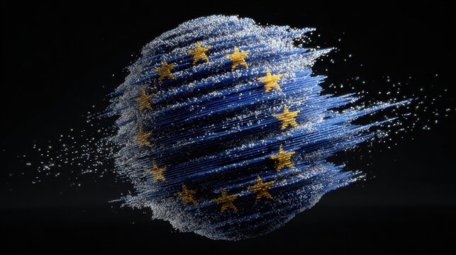 Swirling blue globe with yellow stars representing Europe and its unity in a digital art form