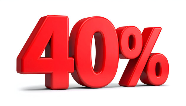 A vibrant 3D rendering displays the numerical value '40%' in bold, glossy red lettering.