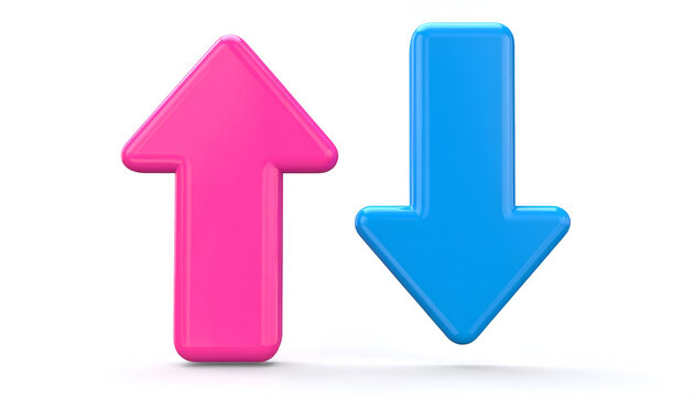 A vibrant pink up arrow and a bright blue down arrow are displayed against a clean white background.