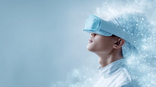 Woman wearing futuristic virtual reality headset with glowing particle cloud on blue background