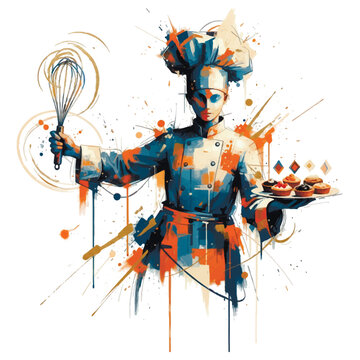 Abstract watercolor illustration of a pastry chef holding a whisk and a tray of cupcakes. Artistic splatter style depicting a baker in a professional uniform. Creative culinary art.