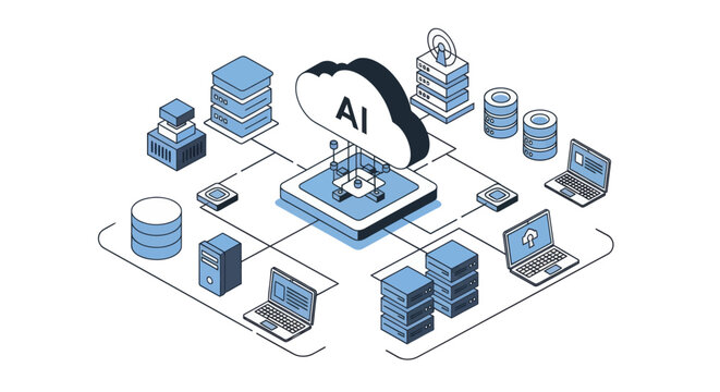 Isometric AI Cloud Computing Network with Data Servers and Laptops.