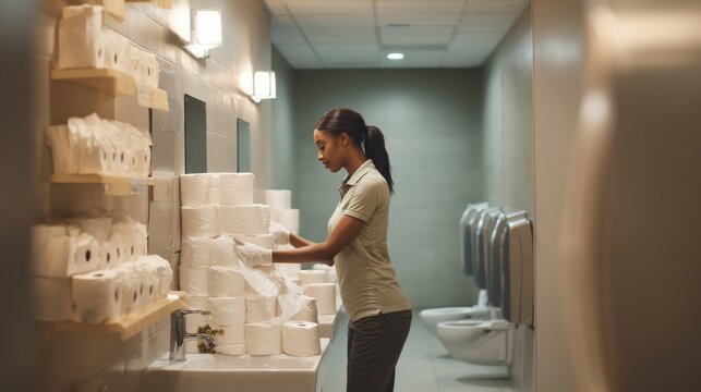 Professional cleaner restocking toilet paper supplies in a commercial restroom. A diligent cleaner wearing gloves meticulously arranges stacks of toilet paper rolls in well-maintained public bathroom