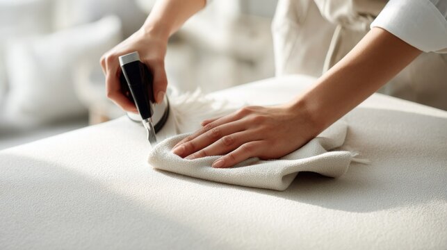 Professional cleaning service using spray and cloth on a light-colored surface. A person meticulously cleans a textured surface with a spray bottle and microfiber cloth, ensuring a spotless finish