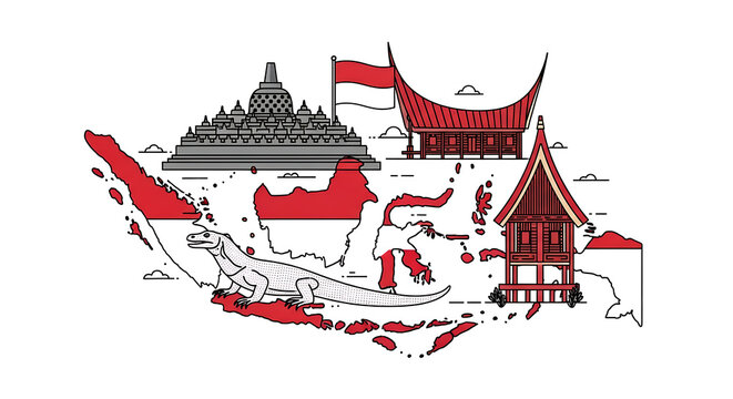 Indonesian archipelago map with national flag, iconic landmarks and traditional houses, cultural tourism concept