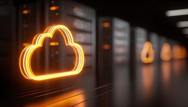 Abstract view of server room with glowing orange neon cloud symbol symbolizing cloud services and data processing.