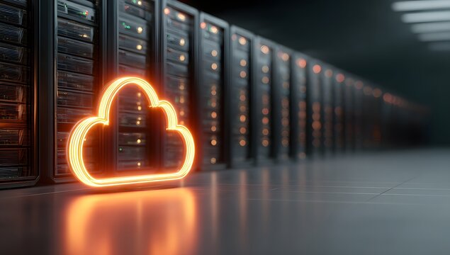 Illuminated datacenter with rows of server racks and prominent glowing orange neon cloud symbol representing cloud technology.