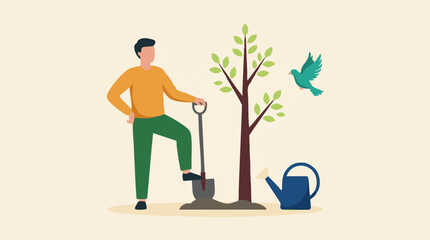 Man planting a tree with a shovel and watering can, environmental care concept © Artify