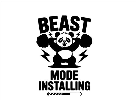 Stylized panda flexing with lightning bolts, text &ldquo;BEAST MODE INSTALLING,&rdquo; motivational graphic.