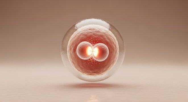 Zygote 3D render, fertilized egg cell visualization, embryology development structure model, pronuclei fusion biological process, early life cell formation study