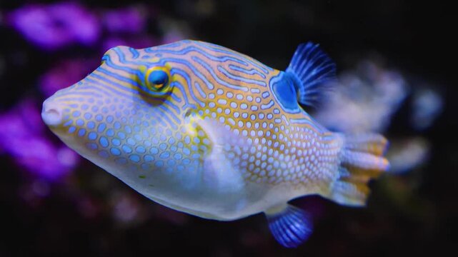 Close up of blue and purple Suitcase-fish also trunkfish swimming around underwater beside a coral reef