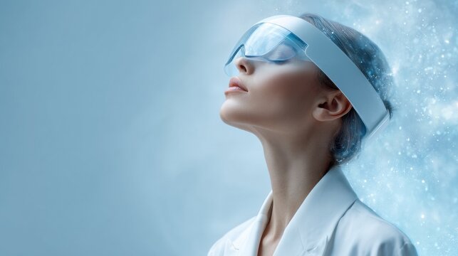 Woman in futuristic VR visor looking upward in cool blue light with sparkling digital particles