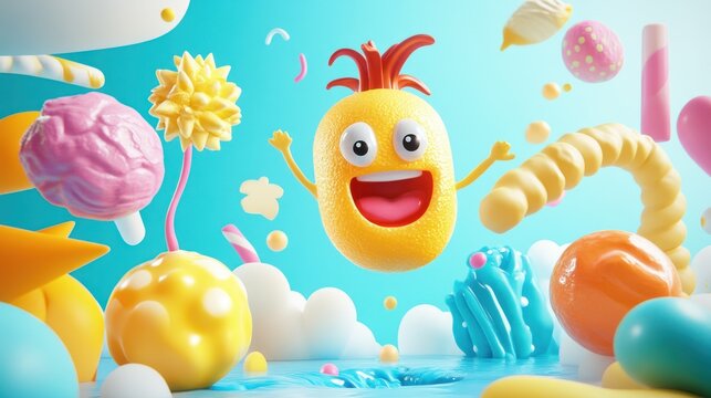 Joyful pineapple character jumps amid colorful candies and sweets in a vibrant, playful digital art scene
