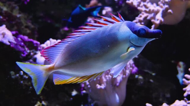 Close up of a fox face rabbit fish slowly swimming around a coral reef underwater.
