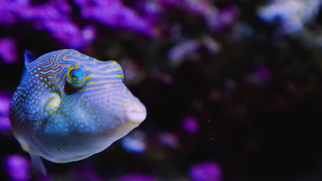 Close up of blue and purple Suitcase-fish also trunkfish swimming around underwater beside a coral reef