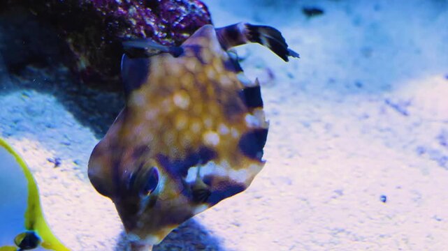 Close up of a brown white spotted pyramid or puffer fish swimming along the side of a coral reef underwater