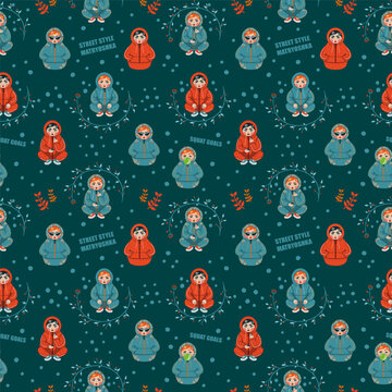Russian Matryoshka Street Style Pattern. Funky Gopnik Dolls in Tracksuits Seamless Illustration
