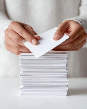Hands placing blank business card on tall stack of white cards on desk minimal office closeup