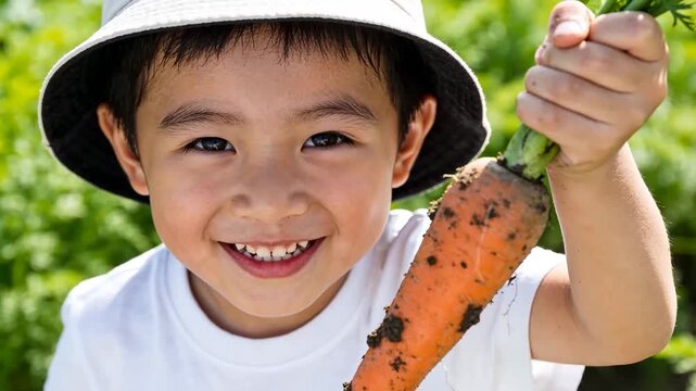 Happy East Asian boy holding a freshly harvested carrot with dirt in a sunny garden, child enjoying organic farming and healthy eating education for sustainability and nature