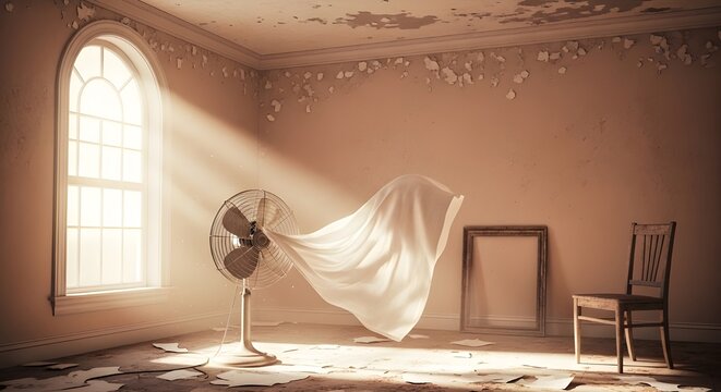 Sunlit tranquility in a forgotten space, where a vintage fan breathes life into a flowing white sheet, casting dynamic shadows on the weathered walls of an old, arched windowed room