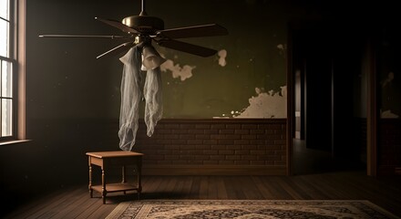 Naklejka premium Creepy and abandoned vintage room with cobwebs hanging from a ceiling fan