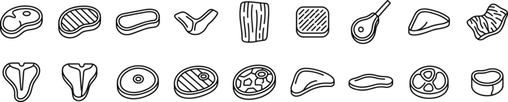 steak and meat  butcher cuts line icon set with beef pork lamb chop rib fillet and raw meat pieces for grill barbecue and cooking isolated on transparent background