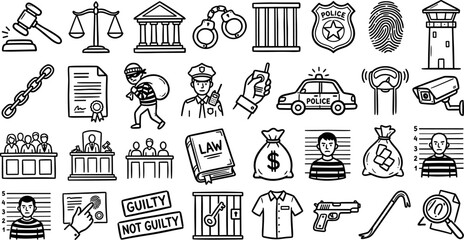law and justice line icons set with police badge gavel scales courthouse handcuffs fingerprint patrol car judge lawyer prison criminal investigation and court symbol isolated on transparent background © Yehor
