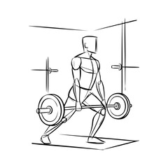 Logo gimnasio. Boceto con dibujo minimalista con líneas de un hombre levantando una barra de pesas en un gimnasio  © teracreonte