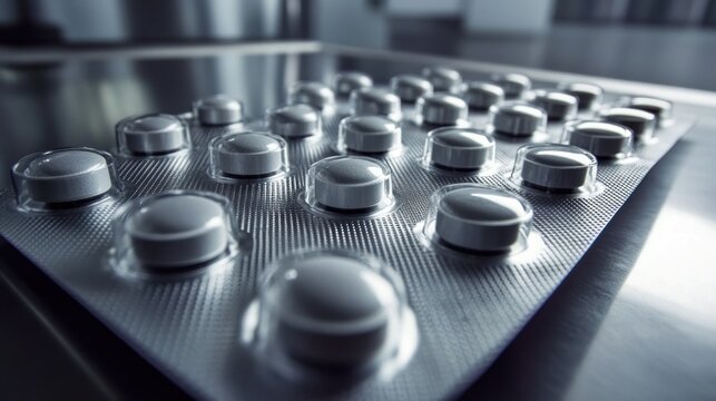 Close-up of blister pack with white pills