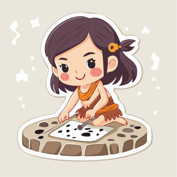 Chibi Cave Girl Drawing on Stone Tablet
