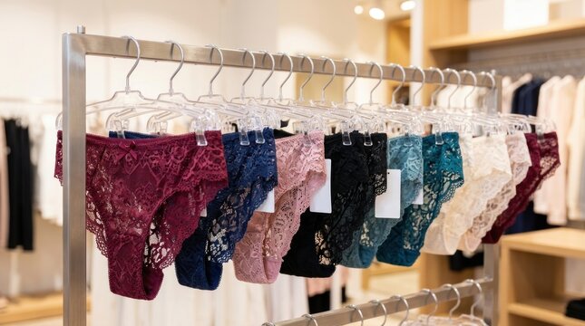 assortment colorful lace panties hanging rack modern clothing retail store vibrant lingerie display feminine fashion concept