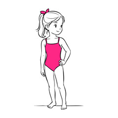 Logotipo vacaciones de verano. Dibujo minimalista con líneas de una niña con bikini de pie, posando con la mano en la cadera  © teracreonte