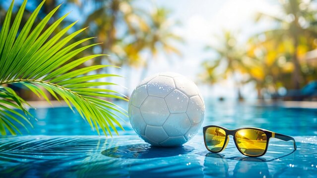 White soccer ball and sunglasses floating on blue pool water with green palm leaf. Tropical summer vacation and beach relaxation concept. Sunny resort lifestyle for leisure and recreation