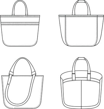Flat vector tote bag technical illustration front side back design variations